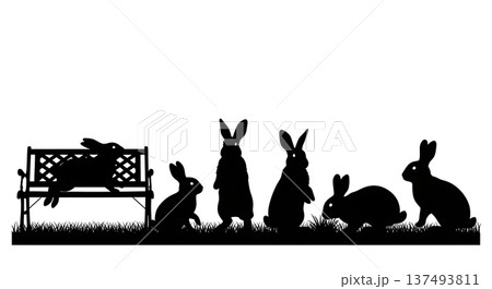 Black Solid Grass Bench Bunny Silhouettes Set of Six on White Background 137493811