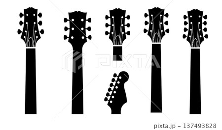 Black Solid Guitar Headstock Silhouettes Set of Six on White Background 137493828