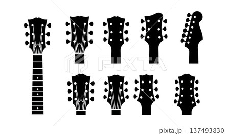 Black Solid Guitar Headstock Silhouettes Set of Six on White Background 137493830