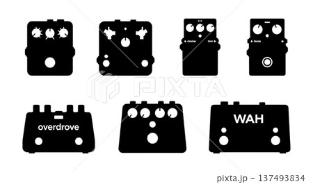 Black Solid Guitar Pedal Silhouettes Set of Six on White Background 137493834