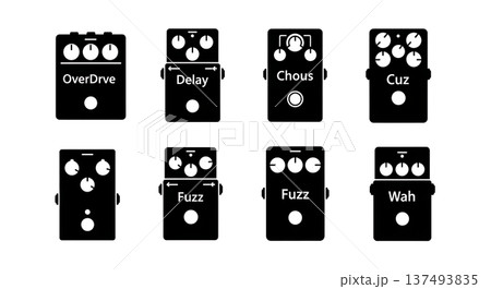 Black Solid Guitar Pedal Silhouettes Set of Six on White Background 137493835