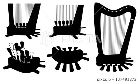 Black Solid Harp Base Silhouettes Set of Six on White Background Black Solid Harp Base Silhouettes Set of Six on White Background 137493872