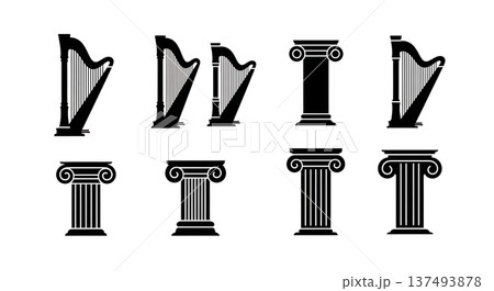 Black Solid Harp Detail Silhouettes Set of Six on White Background Black Solid Harp Detail Silhouettes Set of Six on White Background 137493878