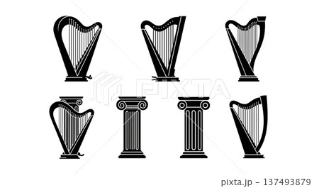 Black Solid Harp Detail Silhouettes Set of Six on White Background Black Solid Harp Detail Silhouettes Set of Six on White Background 137493879