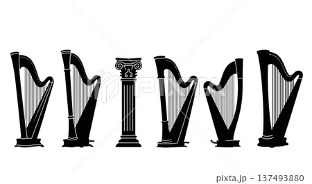 Black Solid Harp Detail Silhouettes Set of Six on White Background Black Solid Harp Detail Silhouettes Set of Six on White Background 137493880