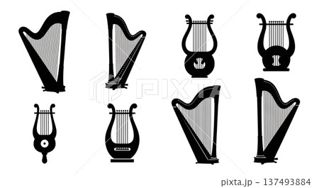 Black Solid Harp and Lyre Silhouettes Set of Six on White Background Black Solid Harp and Lyre Silhouettes Set of Six on White Background 137493884
