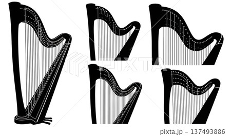 Black Solid Harp String Silhouettes Set of Six on White Background Black Solid Harp String Silhouettes Set of Six on White Background 137493886