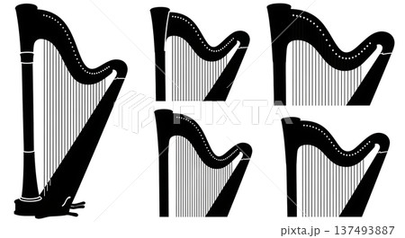Black Solid Harp String Silhouettes Set of Six on White Background Black Solid Harp String Silhouettes Set of Six on White Background 137493887