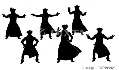 Black Solid Hawaiian Hula Kahiko Silhouettes Set of Six on White Background 137493921