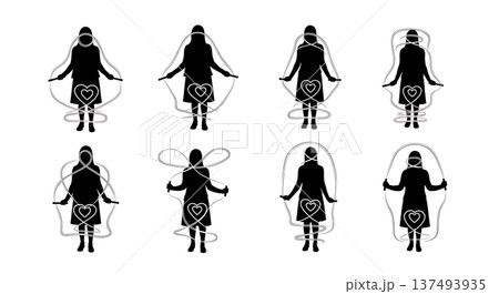 Black Solid Heart Health Skipping Silhouettes Set of Six on White Background 137493935