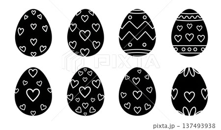 Black Solid Heart Pattern Egg Silhouettes Set of Six on White Background 137493938