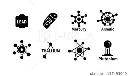 Black Solid Heavy Metal Toxin Silhouettes Set of Six on White Background Black Solid Heavy Metal Toxin Silhouettes Set of Six on White Background 137493949