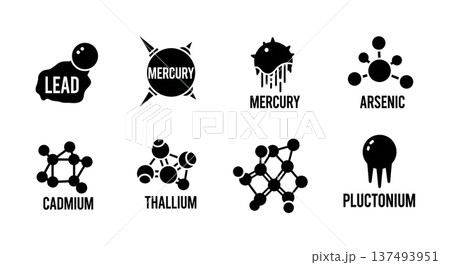 Black Solid Heavy Metal Toxin Silhouettes Set of Six on White Background Black Solid Heavy Metal Toxin Silhouettes Set of Six on White Background 137493951