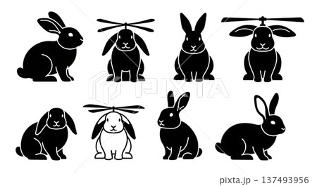 Black Solid Helicopter Ear Bunny Silhouettes Set of Six on White Background 137493956