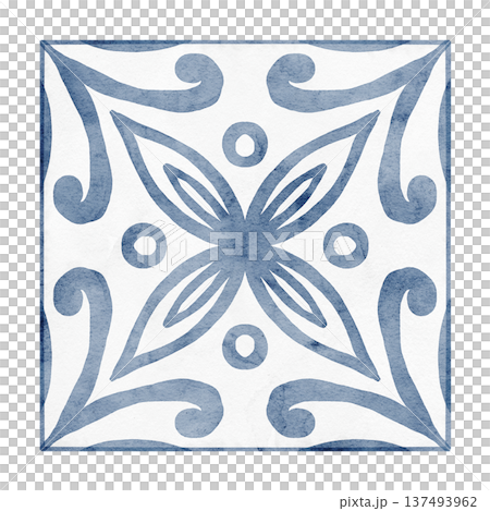 Watercolor illustration of square ceramic Tiles with blue ornamental floral motifs and symmetrical geometry. Mediterranean Azulejo style elements isolated for interior design, kitchen backsplash. 137493962