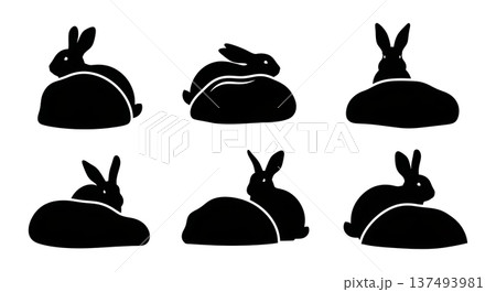 Black Solid Hiding Rock Bunny Silhouettes Set of Six on White Background Black Solid Hiding Rock Bunny Silhouettes Set of Six on White Background 137493981