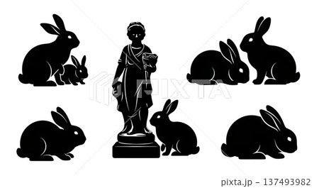 Black Solid Hiding Statue Bunny Silhouettes Set of Six on White Background Black Solid Hiding Statue Bunny Silhouettes Set of Six on White Background 137493982