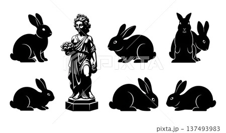 Black Solid Hiding Statue Bunny Silhouettes Set of Six on White Background Black Solid Hiding Statue Bunny Silhouettes Set of Six on White Background 137493983
