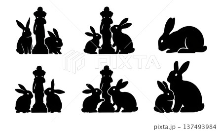 Black Solid Hiding Statue Bunny Silhouettes Set of Six on White Background Black Solid Hiding Statue Bunny Silhouettes Set of Six on White Background 137493984