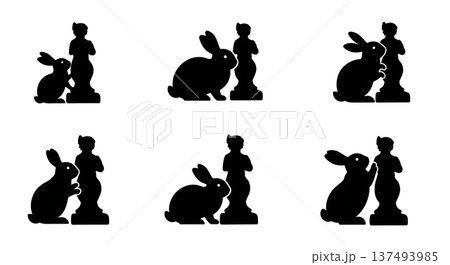 Black Solid Hiding Statue Bunny Silhouettes Set of Six on White Background Black Solid Hiding Statue Bunny Silhouettes Set of Six on White Background 137493985