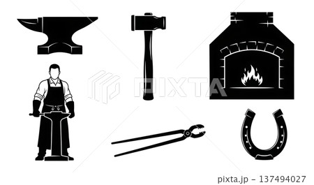 Black Solid Historical Blacksmith Silhouettes Set of Six on White Background 137494027