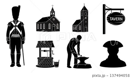 Black Solid Colonial American Town Silhouettes Set of Six on White Background Black Solid Colonial American Town Silhouettes Set of Six on White Background 137494058