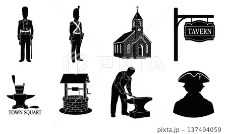 Black Solid Colonial American Town Silhouettes Set of Six on White Background Black Solid Colonial American Town Silhouettes Set of Six on White Background 137494059