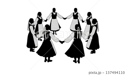 Black Solid Croatian Lindo Dance Silhouettes Set of Six on White Background 137494110