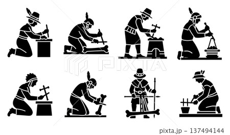 Black Solid Historical Bone Tool Set of Six on White Background Black Solid Historical Bone Tool Set of Six on White Background 137494144