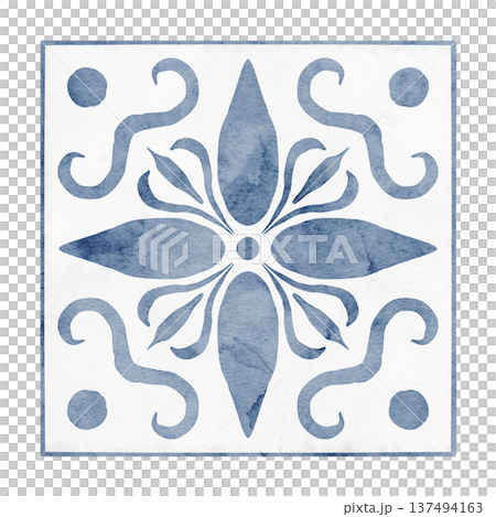 Watercolor illustration of square ceramic Tiles with blue ornamental floral motifs and symmetrical geometry. Mediterranean Azulejo style elements isolated for interior design, kitchen backsplash. Watercolor illustration of square ceramic Tiles with blue ornamental floral motifs and symmetrical geometry. Mediterranean Azulejo style elements isolated for interior design, kitchen backsplash. 137494163
