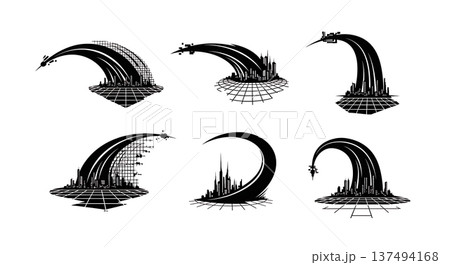 Black Solid Cybernetic Grid Light Silhouettes Set of Six on White Background 137494168