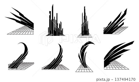 Black Solid Cybernetic Grid Light Silhouettes Set of Six on White Background 137494170