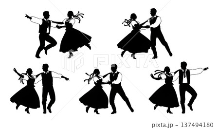 Black Solid Czech Polka Dance Silhouettes Set of Six on White Background 137494180