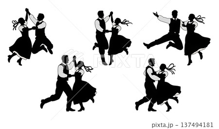 Black Solid Czech Polka Dance Silhouettes Set of Six on White Background 137494181