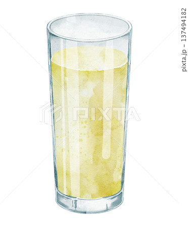 Watercolor illustration of Glass with Lemon Juice. Transparent Beverage element isolated for menu design, cafe branding, packaging, summer drink graphics and kitchen prints. Art of cocktail. 137494182