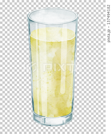 Watercolor illustration of Glass with Lemon Juice. Transparent Beverage element isolated for menu design, cafe branding, packaging, summer drink graphics and kitchen prints. Art of cocktail. 137494182