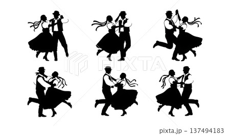Black Solid Czech Polka Dance Silhouettes Set of Six on White Background 137494183
