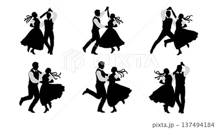 Black Solid Czech Polka Dance Silhouettes Set of Six on White Background 137494184