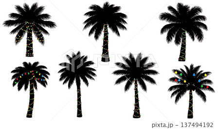 Black Solid Decorated Holiday Palm Tree Silhouettes Set of Six on White Background Black Solid Decorated Holiday Palm Tree Silhouettes Set of Six on White Background 137494192