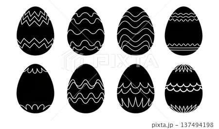 Black Solid Decorative Easter Egg Silhouettes Set of Six on White Background 137494198