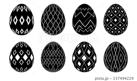 Black Solid Diamond Pattern Egg Silhouettes Set of Six on White Background Black Solid Diamond Pattern Egg Silhouettes Set of Six on White Background 137494229