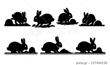 Black Solid Digging Bunny Silhouettes Set of Six on White Background 137494230