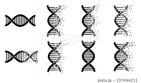 Black Solid Dissolving DNA Pixel Silhouettes Set of Six on White Background 137494251
