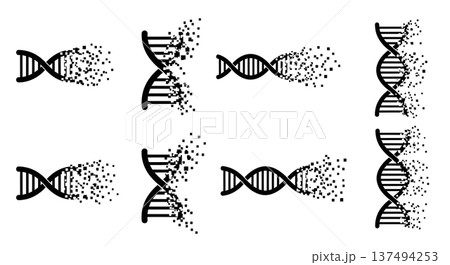 Black Solid Dissolving DNA Pixel Silhouettes Set of Six on White Background 137494253