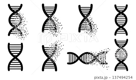 Black Solid Dissolving DNA Pixel Silhouettes Set of Six on White Background 137494254
