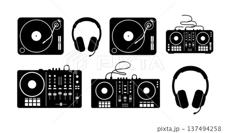 Black Solid DJ Equipment Silhouettes Set of Six on White Background Black Solid DJ Equipment Silhouettes Set of Six on White Background 137494258