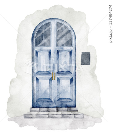 Watercolor illustration of blue arched Mediterranean Door with wooden panels and stone steps. Architectural entrance element isolated for travel design, European facade decor, posters. 137494274