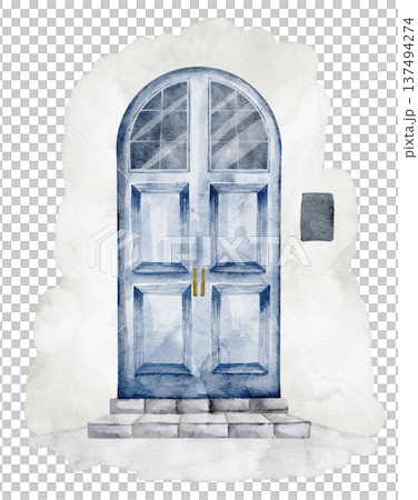 Watercolor illustration of blue arched Mediterranean Door with wooden panels and stone steps. Architectural entrance element isolated for travel design, European facade decor, posters. 137494274