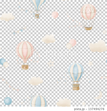 Air Balloon watercolor seamless Pattern in pastel blue and pink colors kids bed linen or nursery wallpaper. Illustration of childish backdrop with airships and clouds for baby shower invitations. 137494278