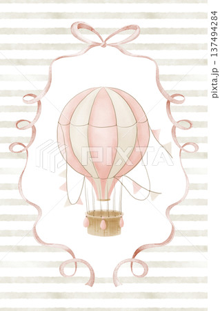 Hot air Balloon watercolor poster. Illustration of vintage Aircraft in pink pastel colors for Baby shower invitations or childish greeting cards. Template for kids design with ribbon. 137494284